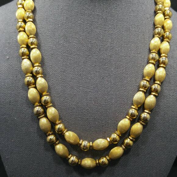 Vintage Gold Plated Double Strand Beaded Necklace, Satin & Smooth Beads 1950s - Picture 4 of 10